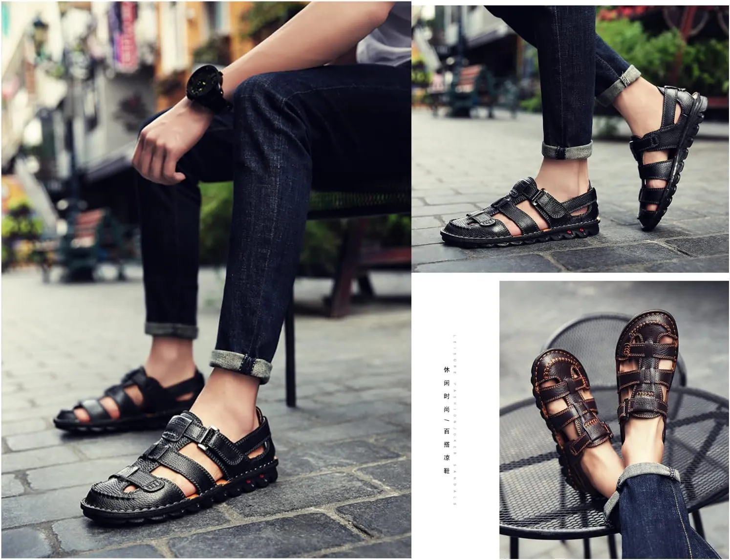 Mens Summer Casual Closed Toe Leather Sandals Outdoor Fisherman Adjustable Beach Shoes