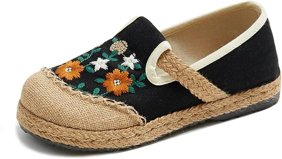 Nqpnrl Womens Flats Canvas Lightweight Sneakers Slip Ons Walking Casual Linen Retro Embroidery Travel Holiday Shoes