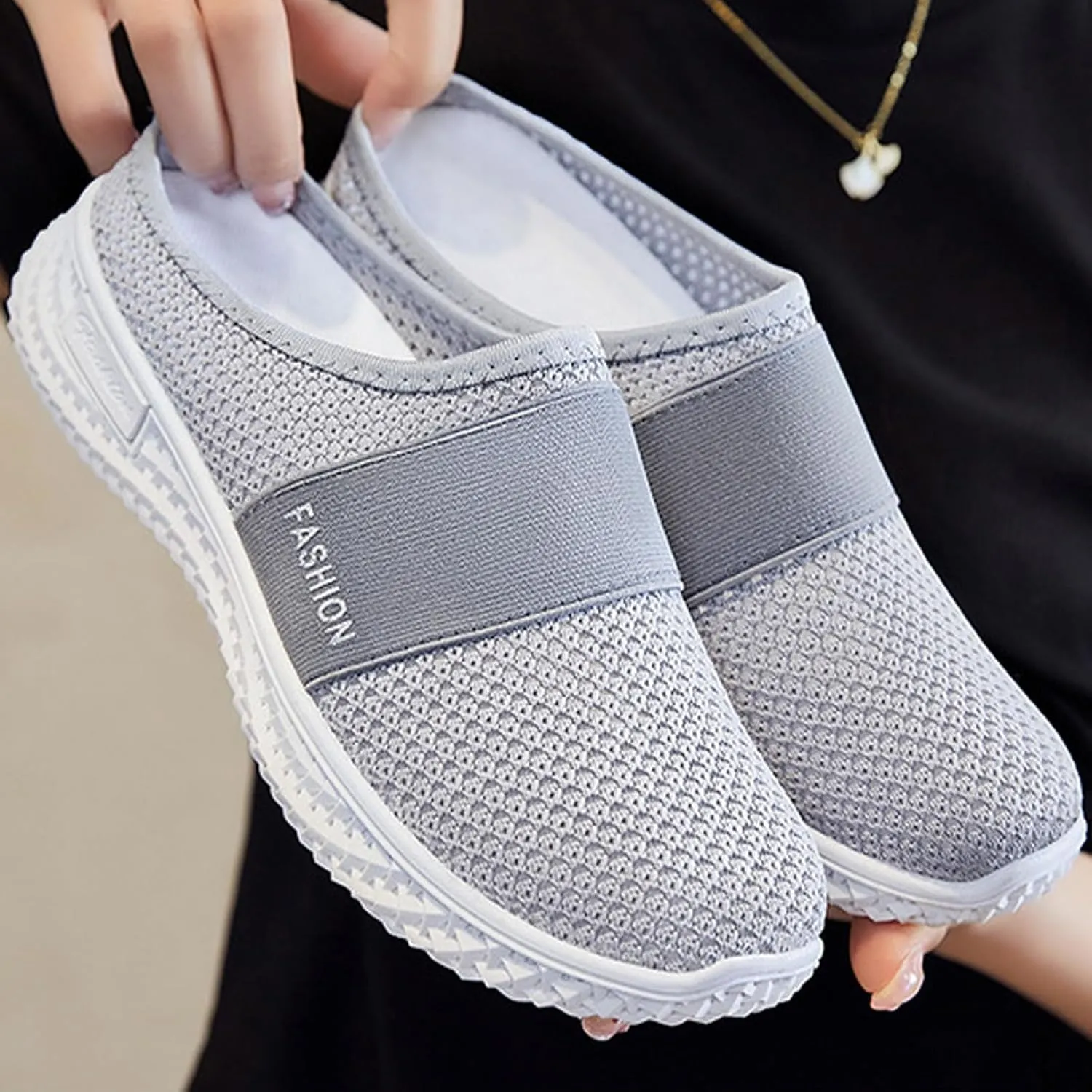 Orthopedic Loafers for Women Summer Breathable Mesh Hollow Out Closed Toe Open Back Slip On Walking Shoes Casual Lightweight Soft Soles Slippers with Arch Support