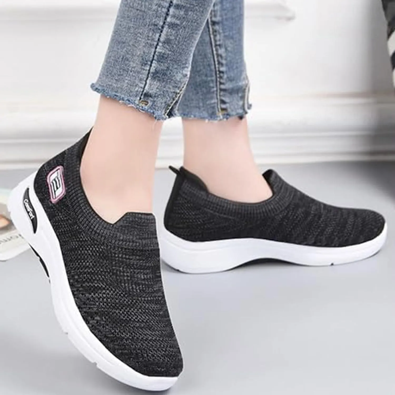 Orthopedic Sneakers for Women Arch Support Slip on Mesh Knitted Walking Shoes Breathable Non-Slip Work Shoes