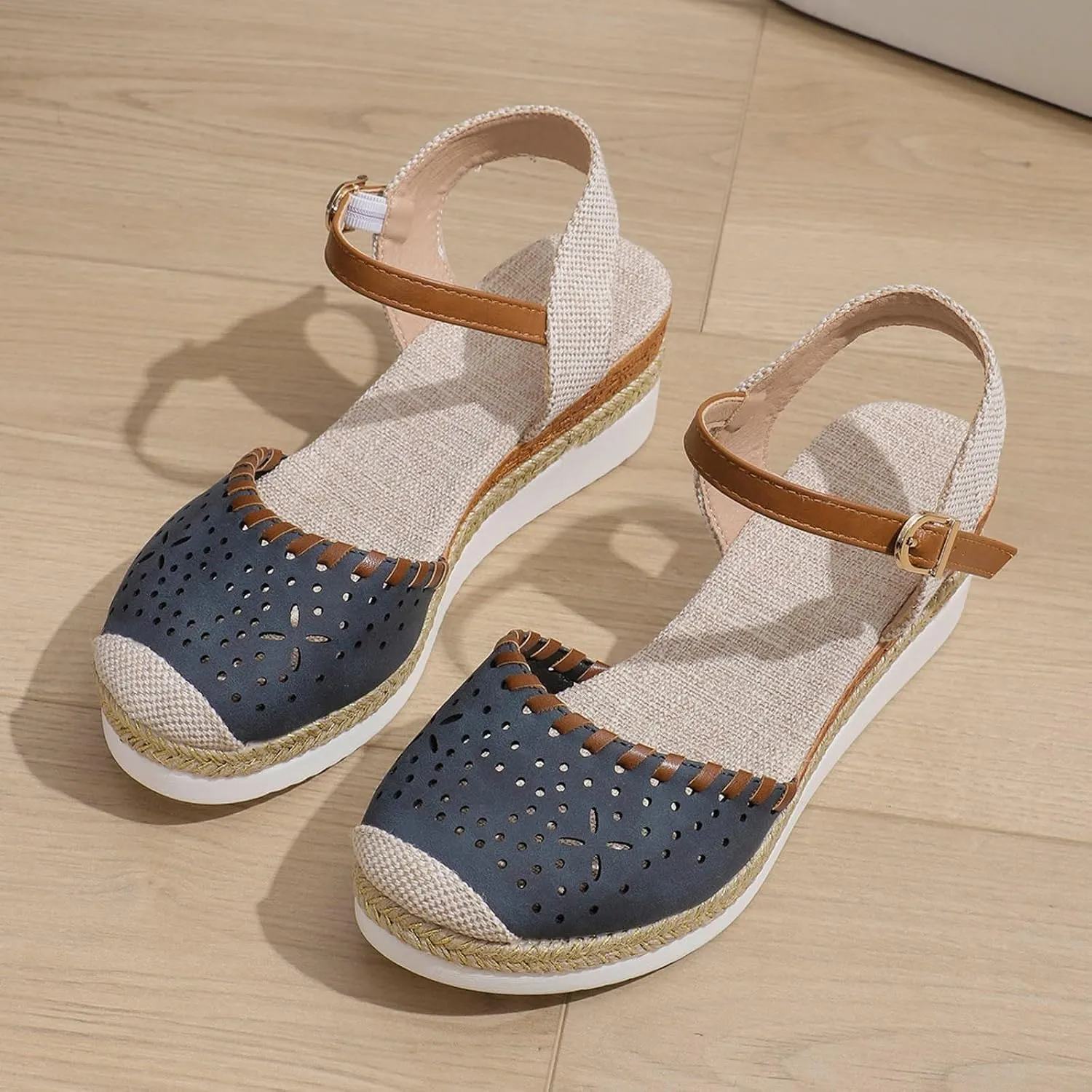 Orthopedic Wedge Sandals for Women Comfortable Closed Toe Slides Platform Sandals Hollow Out Espadrilles Adjustable Buckle Ankle Strap
