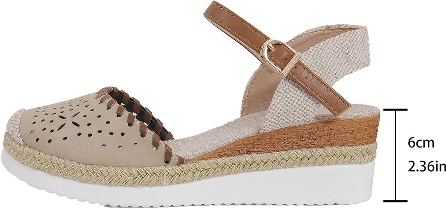 Orthopedic Wedge Sandals for Women Comfortable Closed Toe Slides Platform Sandals Hollow Out Espadrilles Adjustable Buckle Ankle Strap