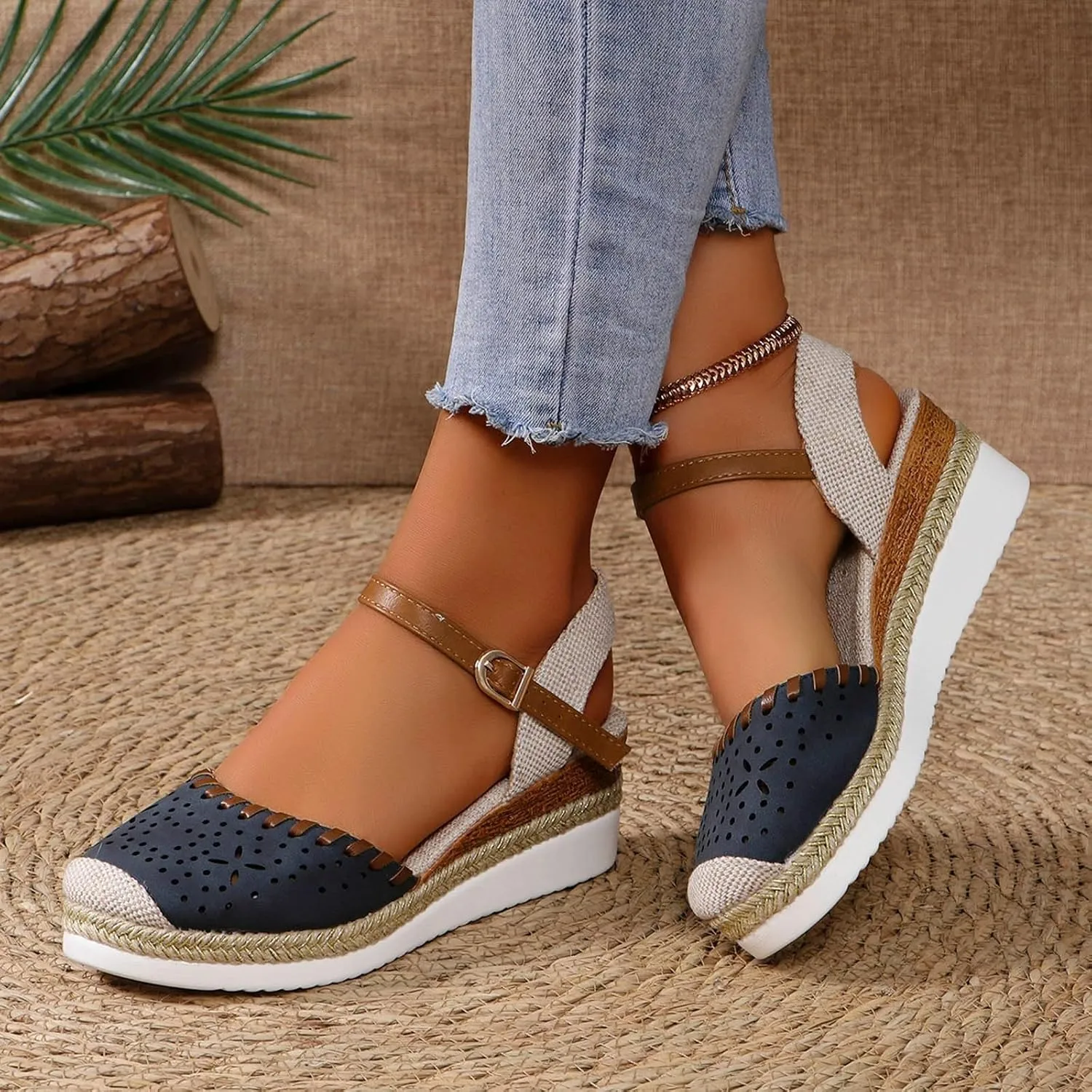 Orthopedic Wedge Sandals for Women Comfortable Closed Toe Slides Platform Sandals Hollow Out Espadrilles Adjustable Buckle Ankle Strap