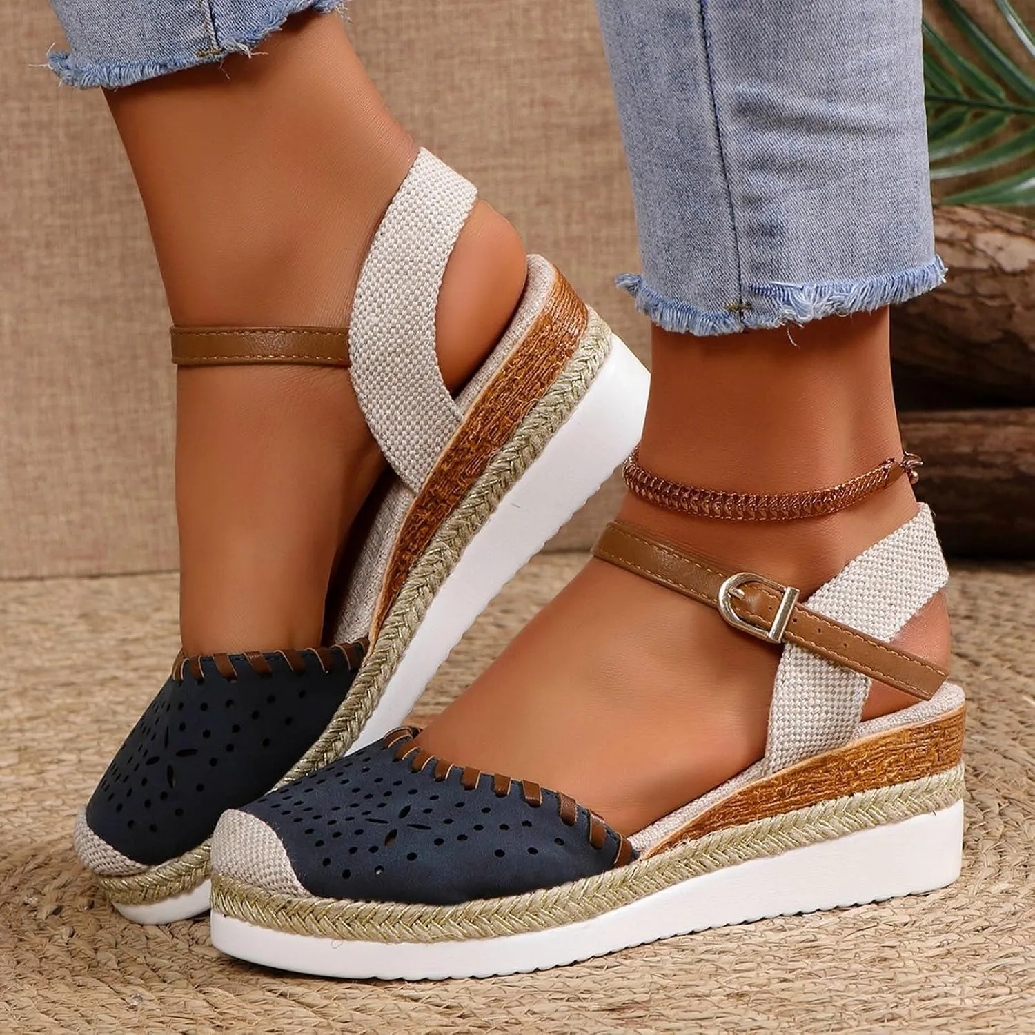 Orthopedic Wedge Sandals for Women Comfortable Closed Toe Slides Platform Sandals Hollow Out Espadrilles Adjustable Buckle Ankle Strap