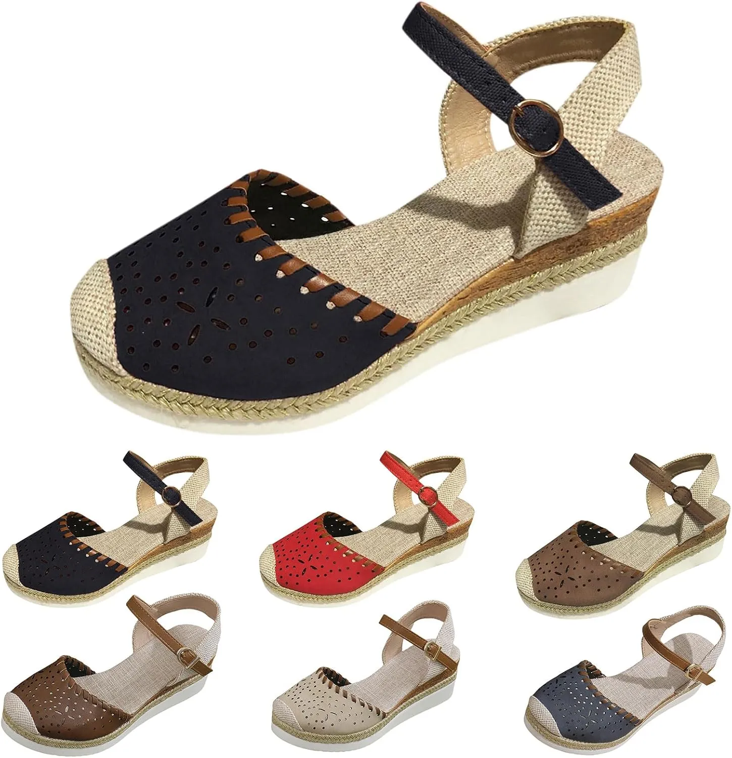 Orthopedic Wedge Sandals for Women Comfortable Closed Toe Slides Platform Sandals Hollow Out Espadrilles Adjustable Buckle Ankle Strap