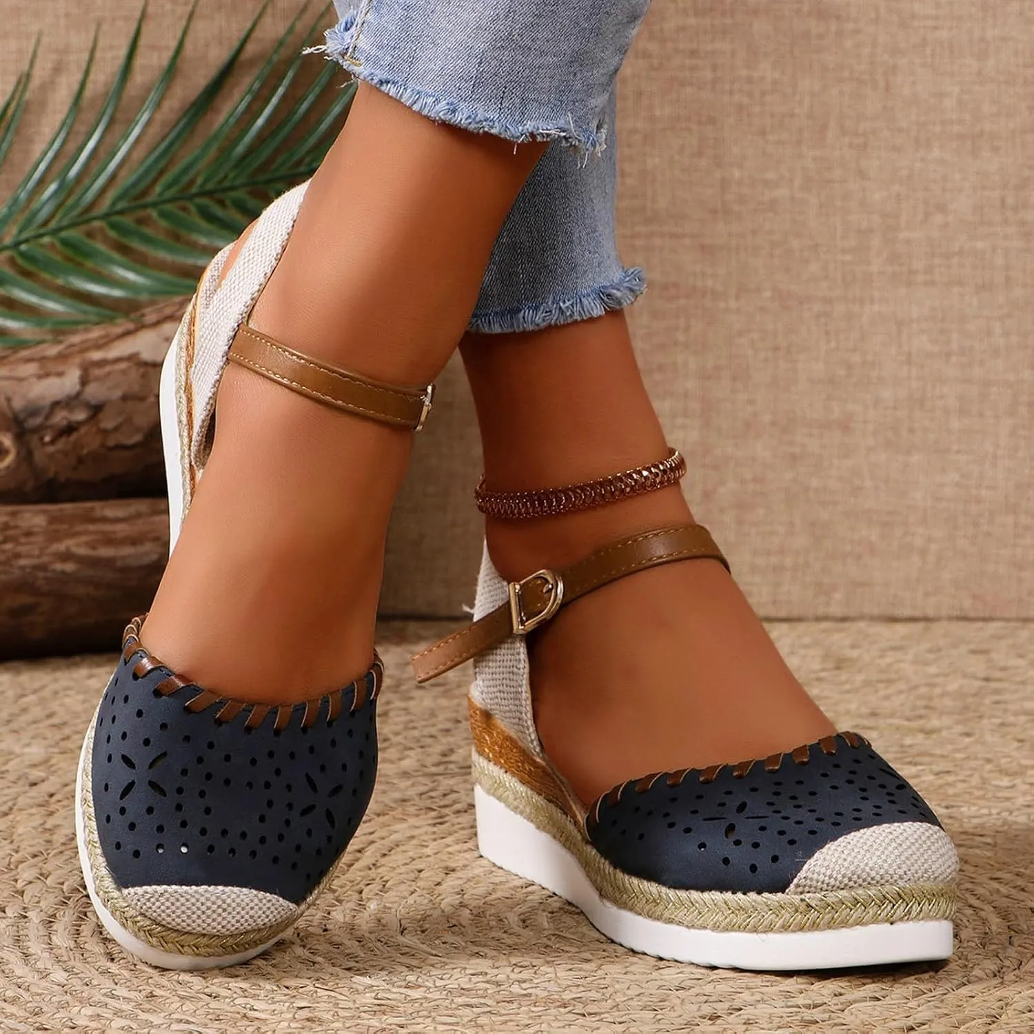 Orthopedic Wedge Sandals for Women Comfortable Closed Toe Slides Platform Sandals Hollow Out Espadrilles Adjustable Buckle Ankle Strap