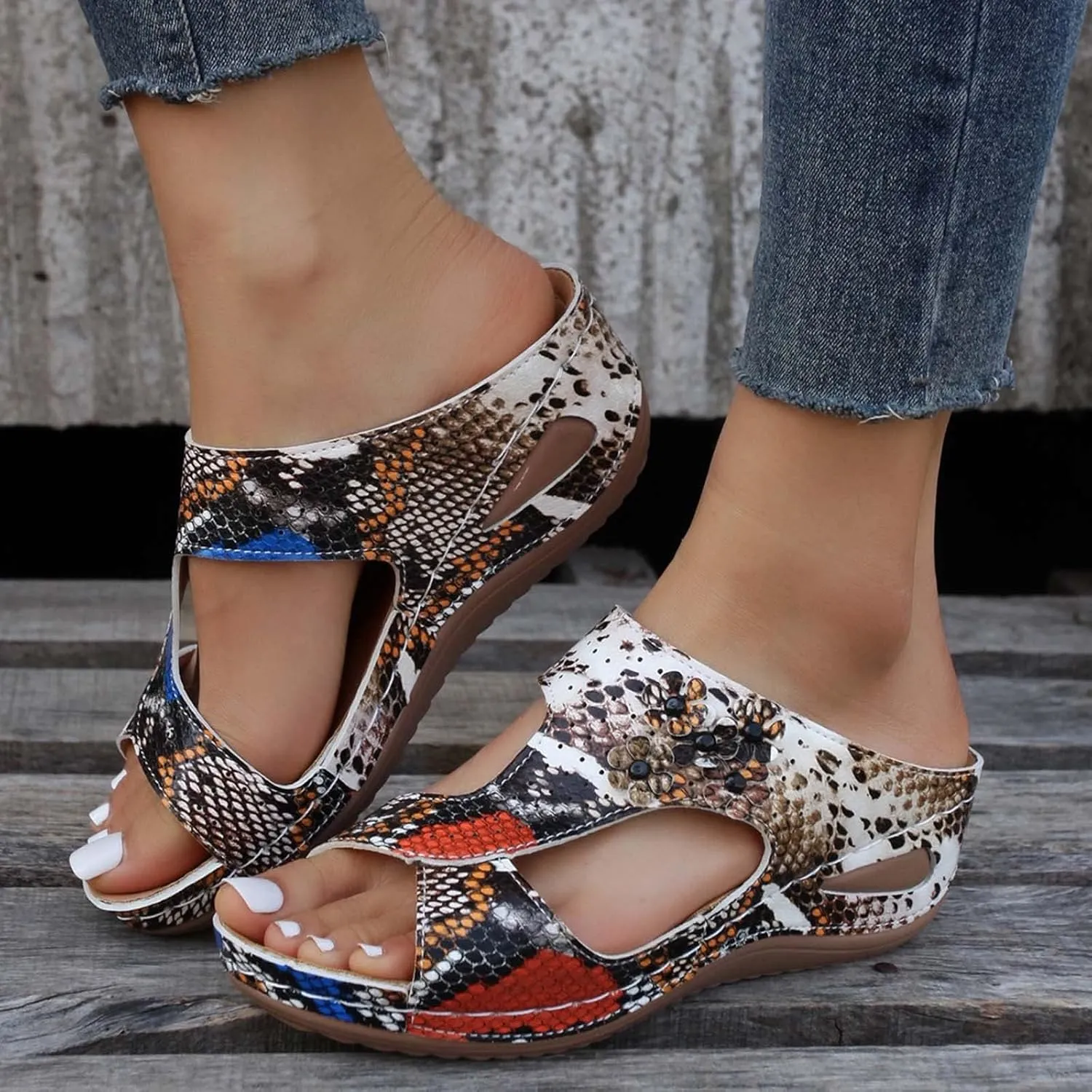 Orthopedic Wedge Sandals for Women Summer Comfortable Slides Slippers Sandals Open Toe Leather Dressy Casual Slippers Fashion Flowers Beach Walking Shower Shoes Indoor Outdoor