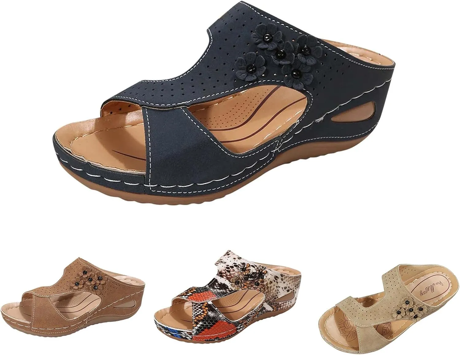 Orthopedic Wedge Sandals for Women Summer Comfortable Slides Slippers Sandals Open Toe Leather Dressy Casual Slippers Fashion Flowers Beach Walking Shower Shoes Indoor Outdoor