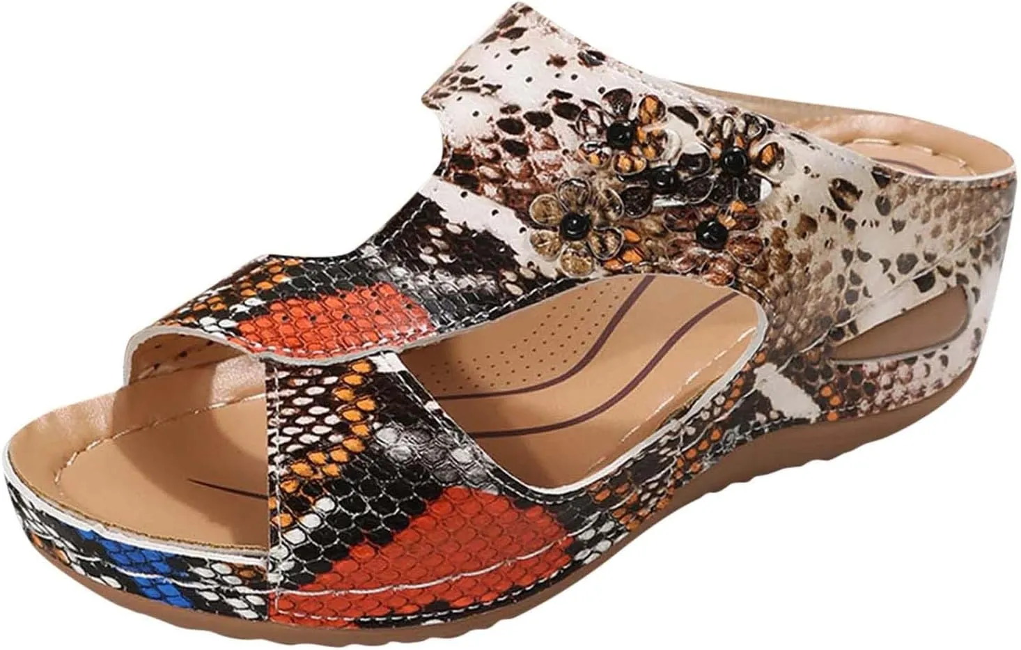 Orthopedic Wedge Sandals for Women Summer Comfortable Slides Slippers Sandals Open Toe Leather Dressy Casual Slippers Fashion Flowers Beach Walking Shower Shoes Indoor Outdoor