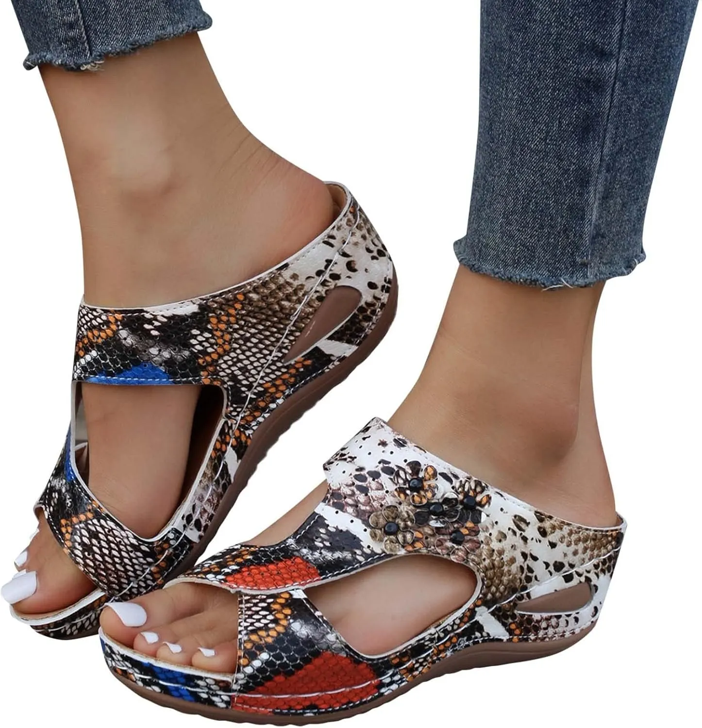 Orthopedic Wedge Sandals for Women Summer Comfortable Slides Slippers Sandals Open Toe Leather Dressy Casual Slippers Fashion Flowers Beach Walking Shower Shoes Indoor Outdoor