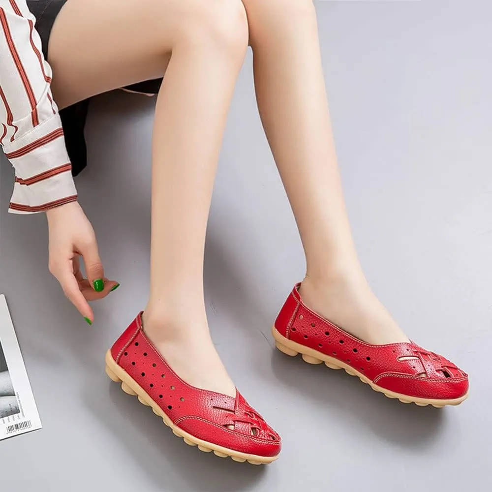 Owlkay Shoes for Women Slip Ons, Casual Orthopedic Loafers for Women, All-Match Hollow Leather Comfortable Practical Daily Flat