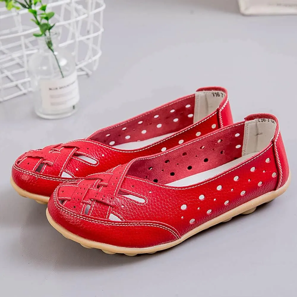 Owlkay Shoes for Women Slip Ons, Casual Orthopedic Loafers for Women, All-Match Hollow Leather Comfortable Practical Daily Flat