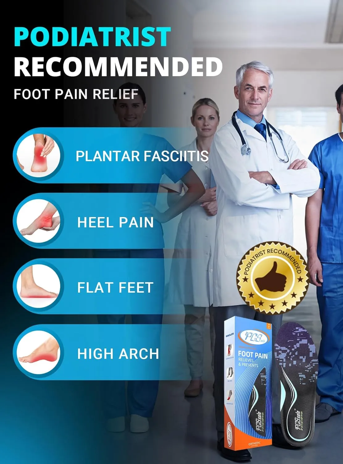 PCSsole Arch Support Inserts Women & Men - Shoe Inserts for Plantar Fasciitis Relief - Orthotic Insoles Standing All Day - for Flat Feet - Arch Pain - Heel Pain - Comfortable Boot Insoles for Working