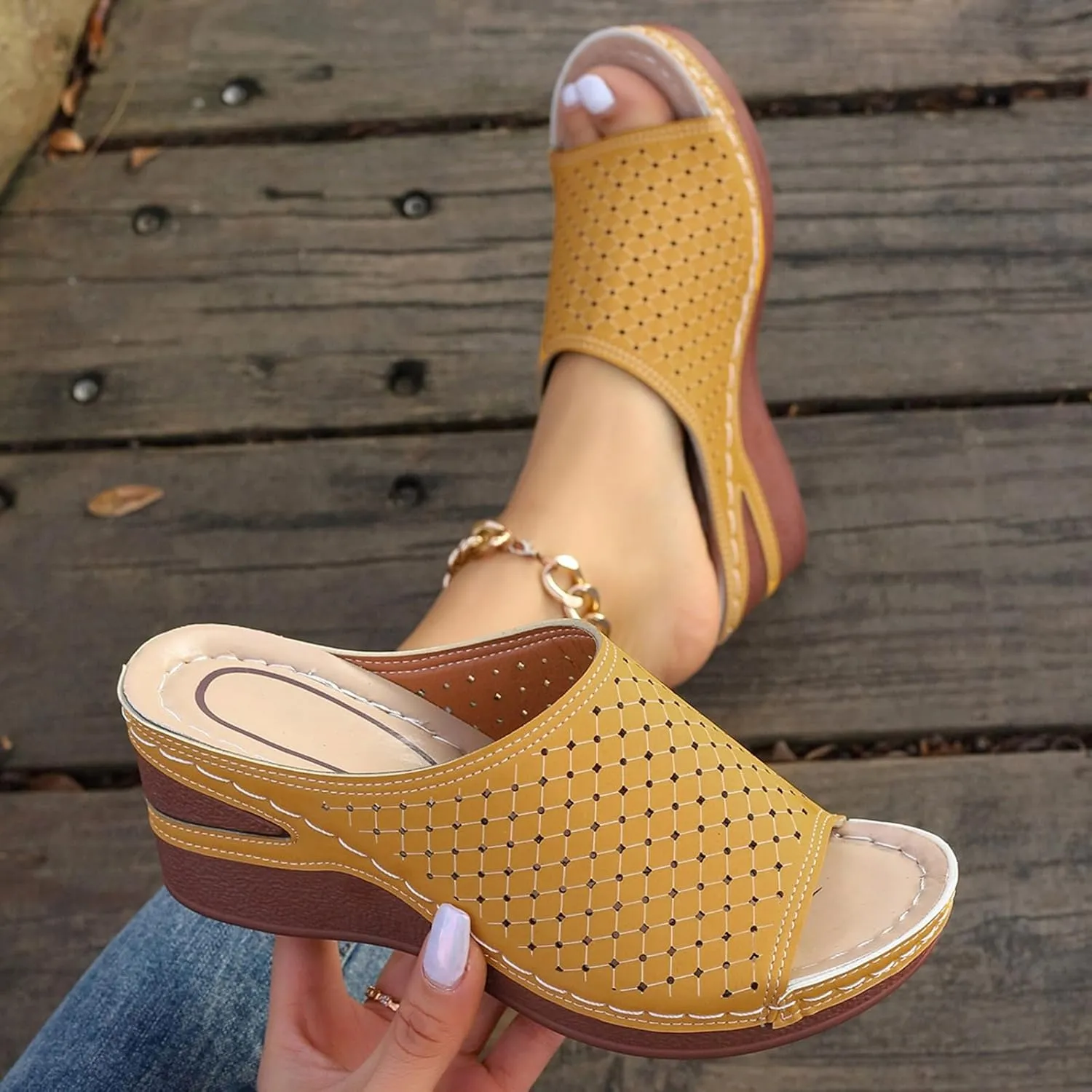 platform mules, women's washable for breathable, sports, leisure, summer shoes, beach sandals, comfortable, trendy with rhinestones,