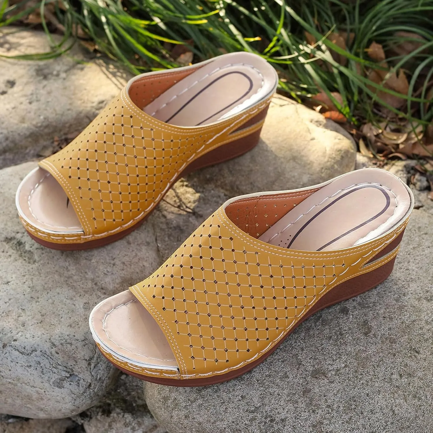 platform mules, women's washable for breathable, sports, leisure, summer shoes, beach sandals, comfortable, trendy with rhinestones,
