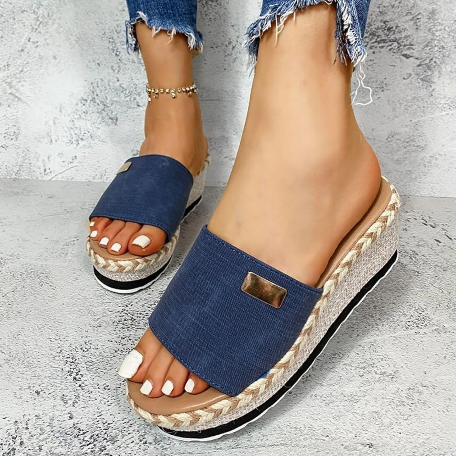 Platform Sandals Espadrilles Mules for Women Open Toe Slip On Wedge Sandals, Comfort Summer Open Toe Canvas Slides for Women's Outdoor Walking Beach Vacation