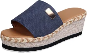Platform Sandals Espadrilles Mules for Women Open Toe Slip On Wedge Sandals, Comfort Summer Open Toe Canvas Slides for Women's Outdoor Walking Beach Vacation