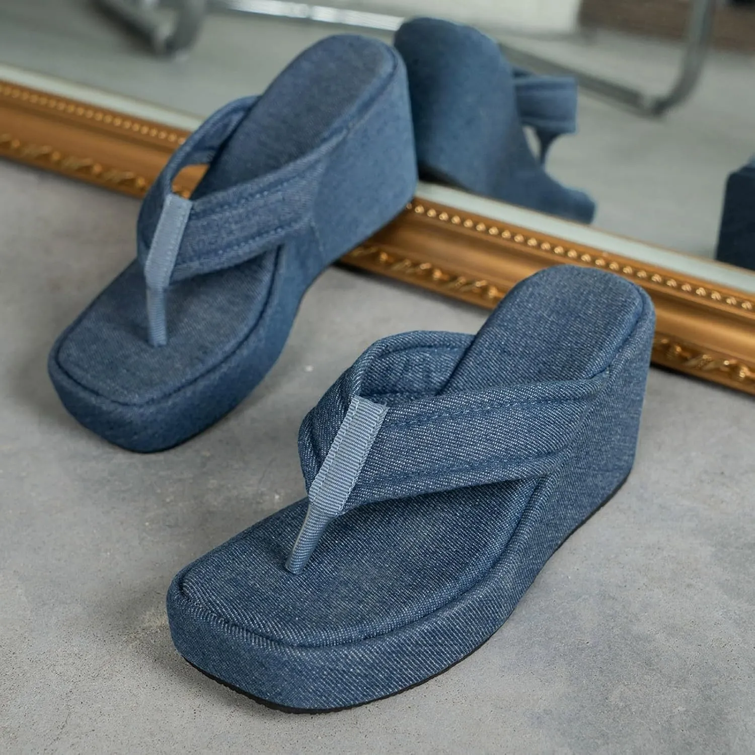 Platform Sandals Women Denim Flip Flops Platform Wedge Slipper Summer Yoga Foam Thick Soled High Heels