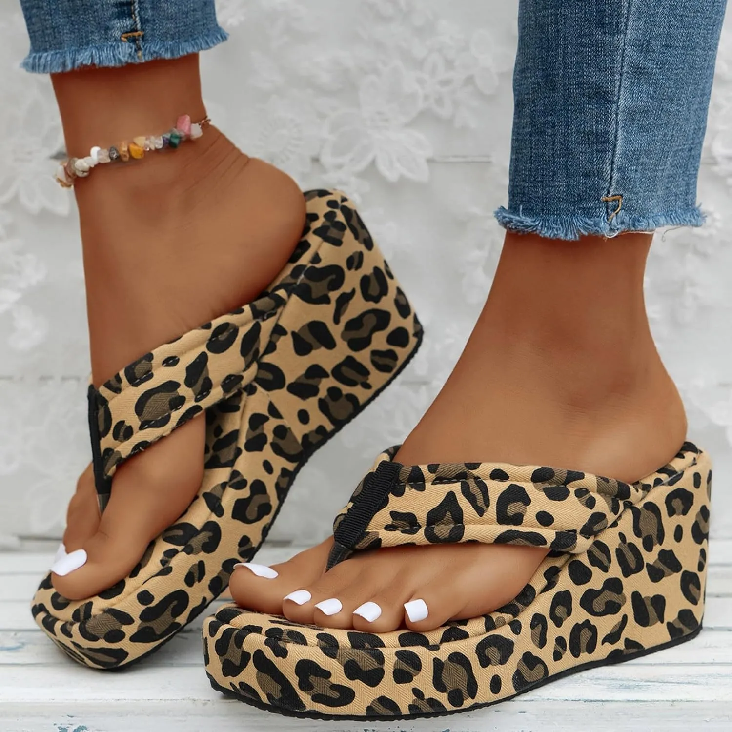 Platform Sandals Women Denim Flip Flops Platform Wedge Slipper Summer Yoga Foam Thick Soled High Heels