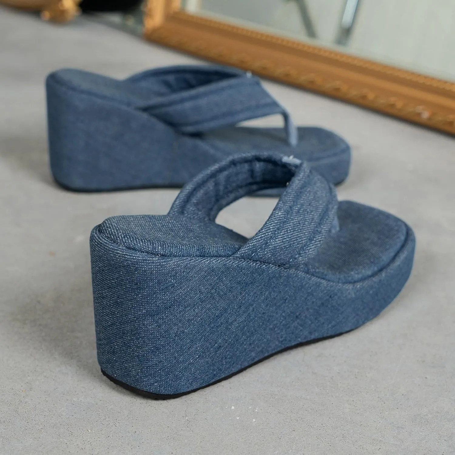 Platform Sandals Women Denim Flip Flops Platform Wedge Slipper Summer Yoga Foam Thick Soled High Heels