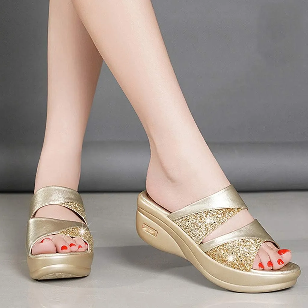 Platform Sandals Women Denim Flip Flops Platform Wedge Slipper Summer Yoga Foam Thick Soled High Heels