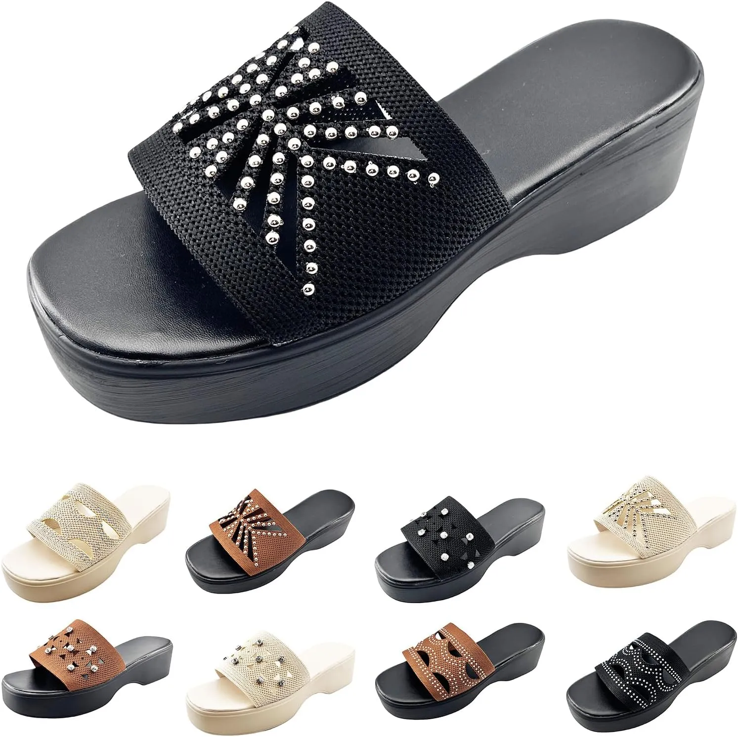 Platform Sandals Women Slip On Knit Platform Block Heel Sandals Rhinestones Sparkling Crystal Slippers Summer Fashion Party Dress Sandal