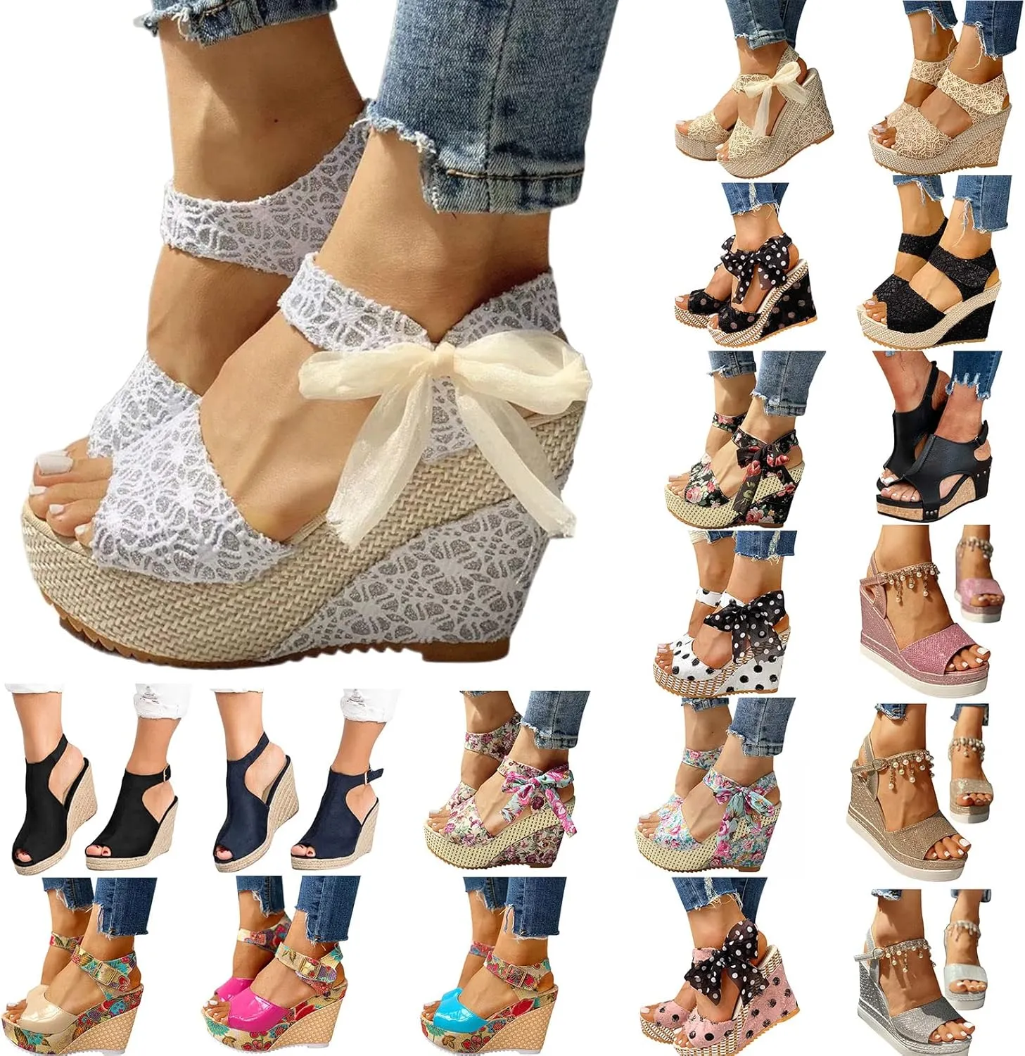 Platform Wedge Sandals for Womens Non Slip Open Toe Elegant Wedge Sandals Cute Lace-Up Espadrille Floral Classic Ankle Strap Shoes Wedding Party Dress Shoes