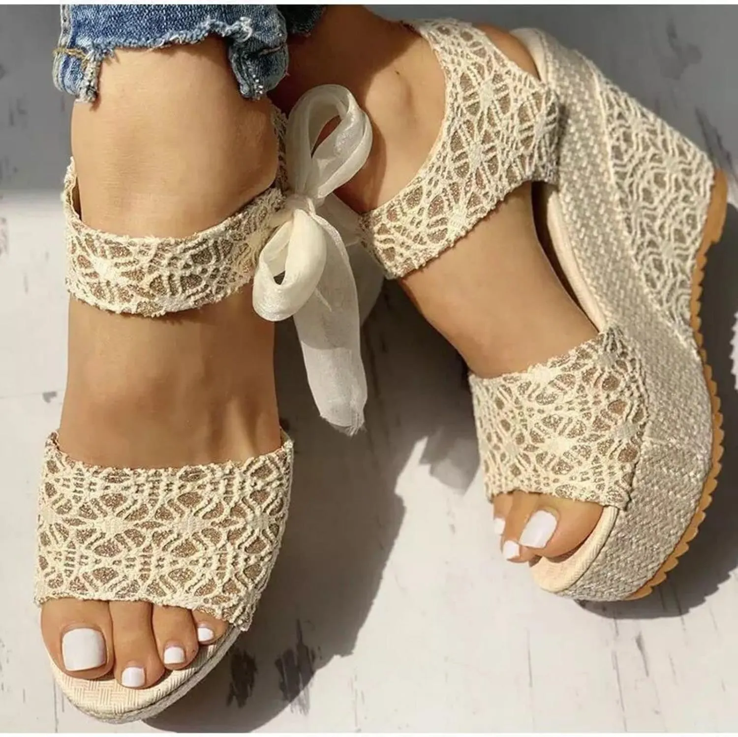 Platform Wedge Sandals for Womens Non Slip Open Toe Elegant Wedge Sandals Cute Lace-Up Espadrille Floral Classic Ankle Strap Shoes Wedding Party Dress Shoes