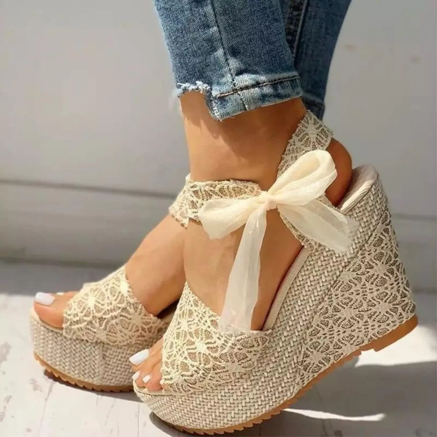 Platform Wedge Sandals for Womens Non Slip Open Toe Elegant Wedge Sandals Cute Lace-Up Espadrille Floral Classic Ankle Strap Shoes Wedding Party Dress Shoes