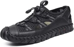 Recyphi Men's Sandals Closed Toe Mesh Splicing Outdoor Leather Sandals Breathable Summer Fisherman Shoes