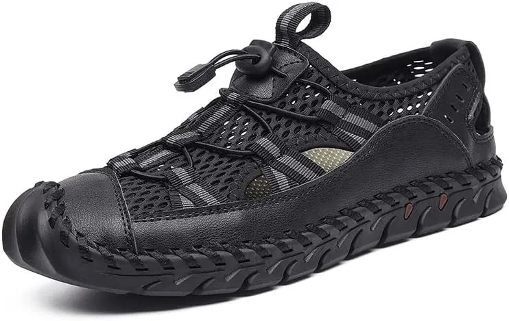 Recyphi Men's Sandals Closed Toe Mesh Splicing Outdoor Leather Sandals Breathable Summer Fisherman Shoes
