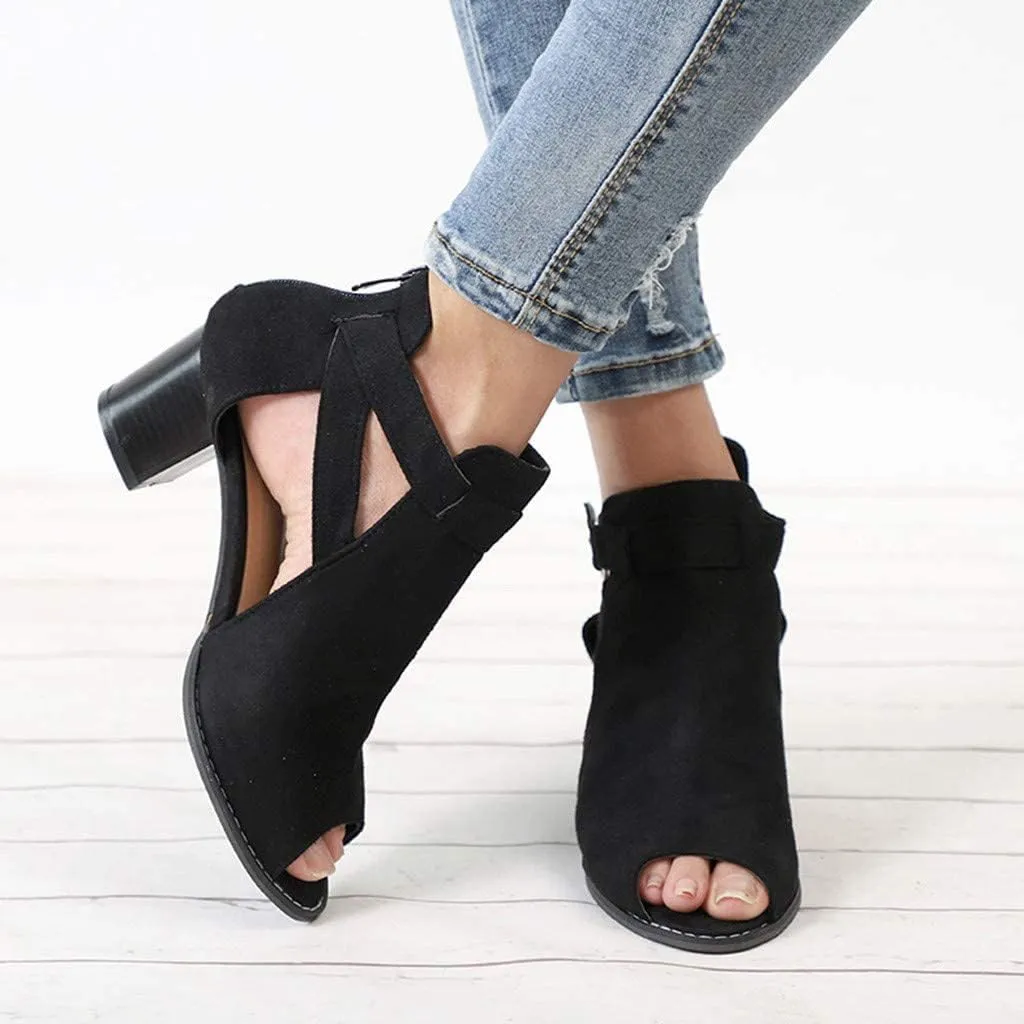 SACFOF Women's Heeled Sandals Peep Toe Booties Suede Cutout Side Ankle Strap Low Heels Dress Sandals with Back Zipper