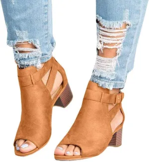 SACFOF Women's Heeled Sandals Peep Toe Booties Suede Cutout Side Ankle Strap Low Heels Dress Sandals with Back Zipper