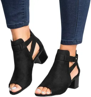 SACFOF Women's Heeled Sandals Peep Toe Booties Suede Cutout Side Ankle Strap Low Heels Dress Sandals with Back Zipper