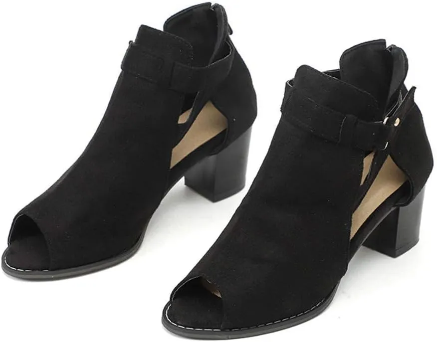 SACFOF Women's Heeled Sandals Peep Toe Booties Suede Cutout Side Ankle Strap Low Heels Dress Sandals with Back Zipper