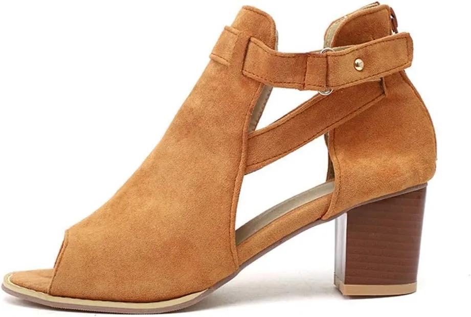 SACFOF Women's Heeled Sandals Peep Toe Booties Suede Cutout Side Ankle Strap Low Heels Dress Sandals with Back Zipper