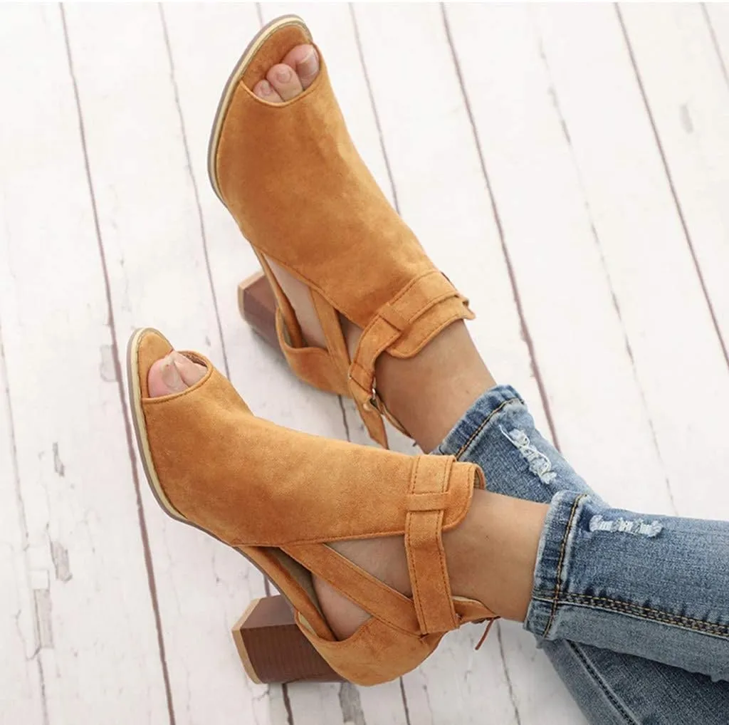 SACFOF Women's Heeled Sandals Peep Toe Booties Suede Cutout Side Ankle Strap Low Heels Dress Sandals with Back Zipper