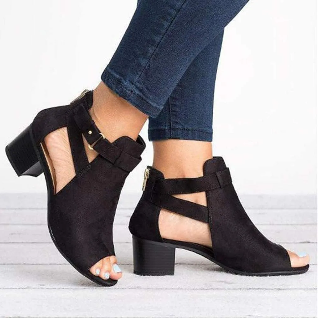 SACFOF Women's Heeled Sandals Peep Toe Booties Suede Cutout Side Ankle Strap Low Heels Dress Sandals with Back Zipper