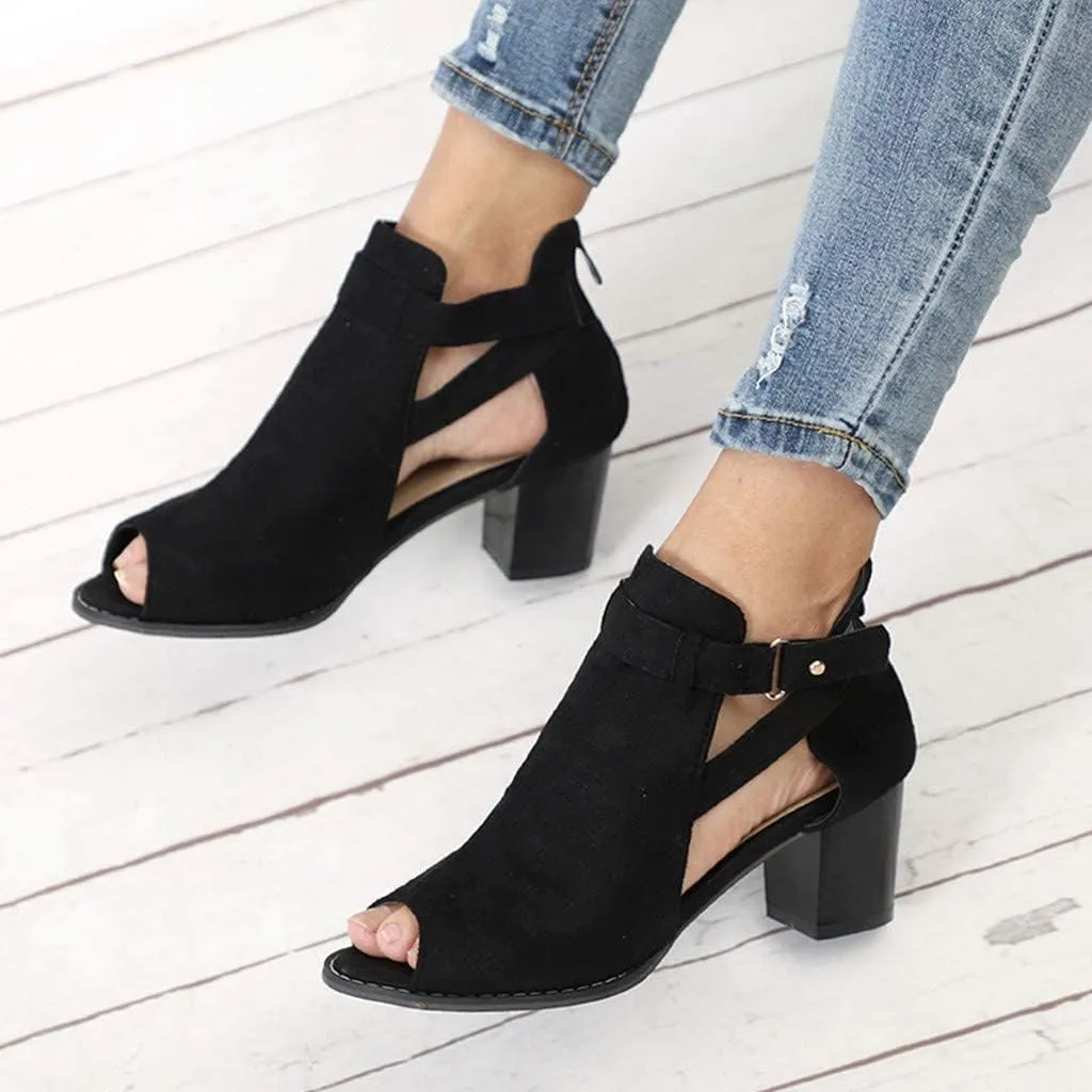 SACFOF Women's Heeled Sandals Peep Toe Booties Suede Cutout Side Ankle Strap Low Heels Dress Sandals with Back Zipper