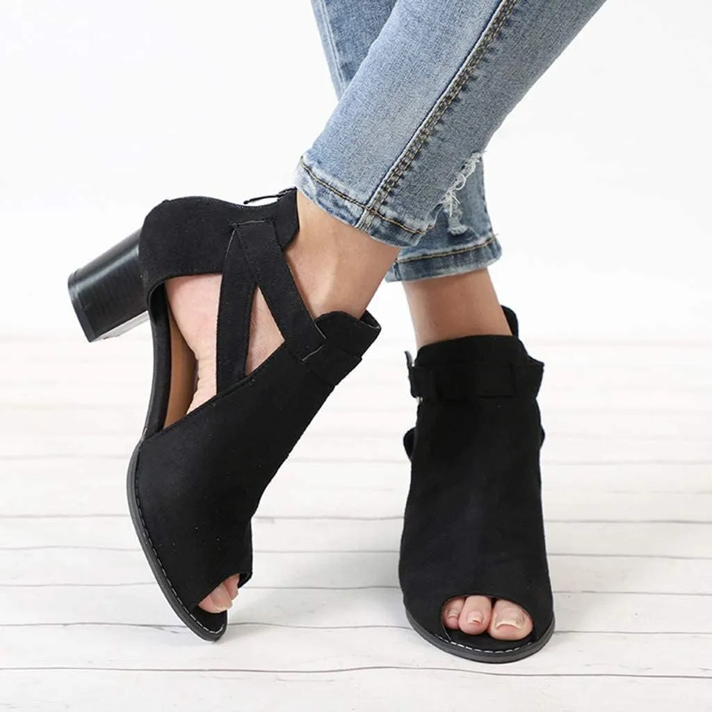 SACFOF Women's Heeled Sandals Peep Toe Booties Suede Cutout Side Ankle Strap Low Heels Dress Sandals with Back Zipper