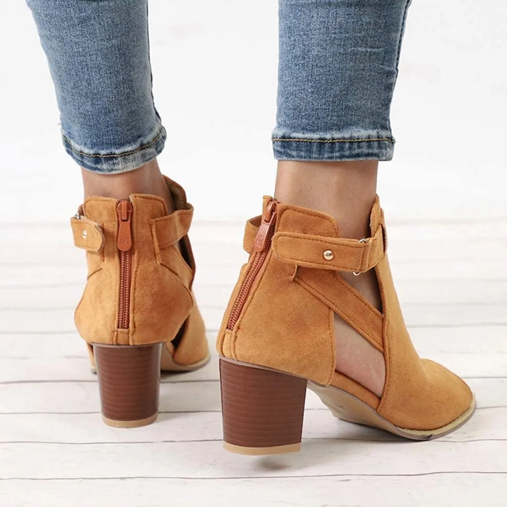 SACFOF Women's Heeled Sandals Peep Toe Booties Suede Cutout Side Ankle Strap Low Heels Dress Sandals with Back Zipper