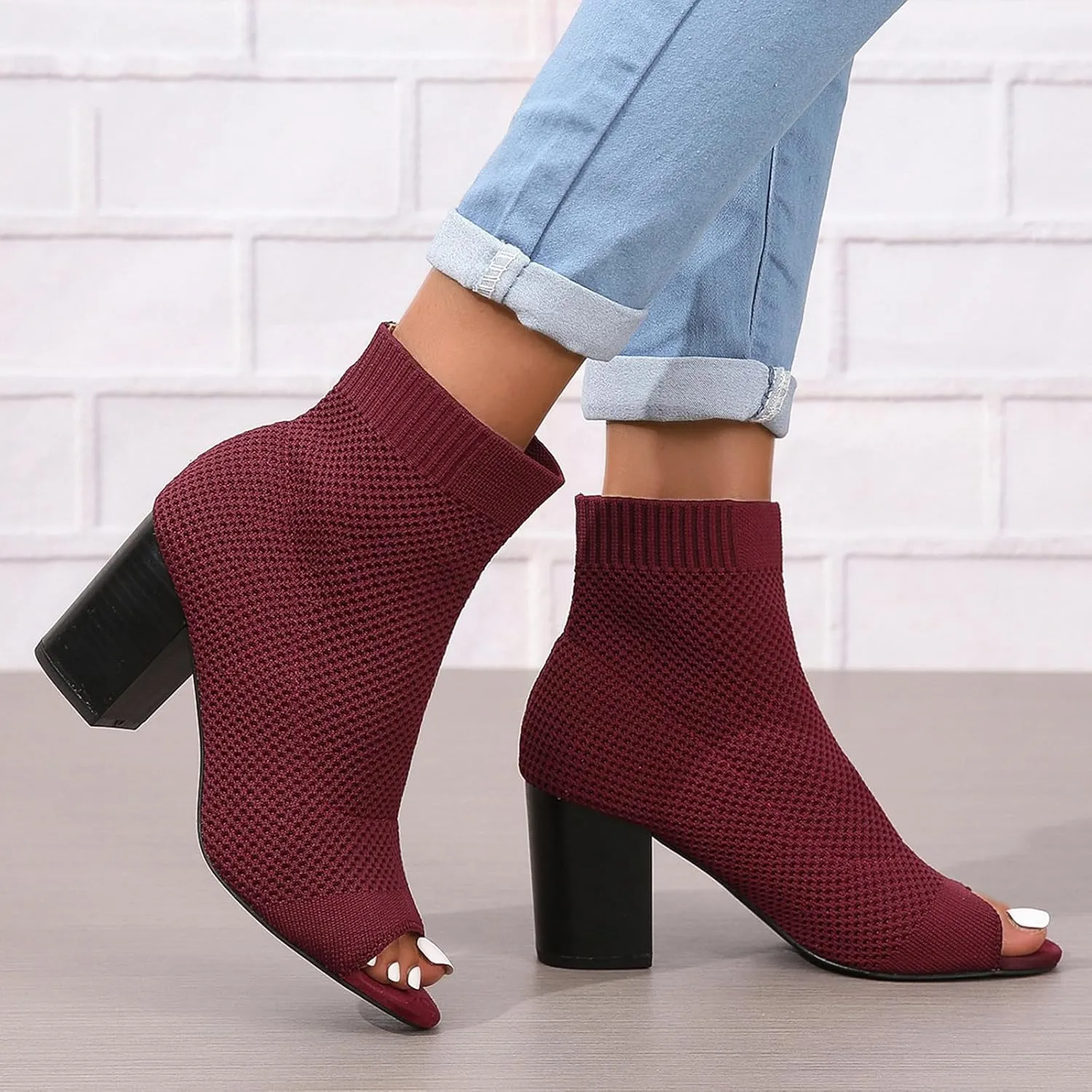 SACFOF Women's Knit Peep Toe Slingback Chunky Heel Ankle Boots Summer Breathable Slip On Dress Sock Heeled Sandals