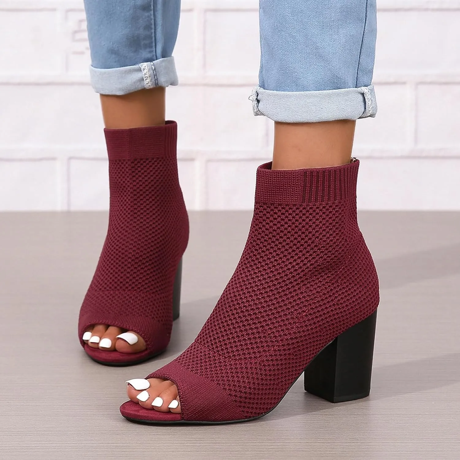 SACFOF Women's Knit Peep Toe Slingback Chunky Heel Ankle Boots Summer Breathable Slip On Dress Sock Heeled Sandals