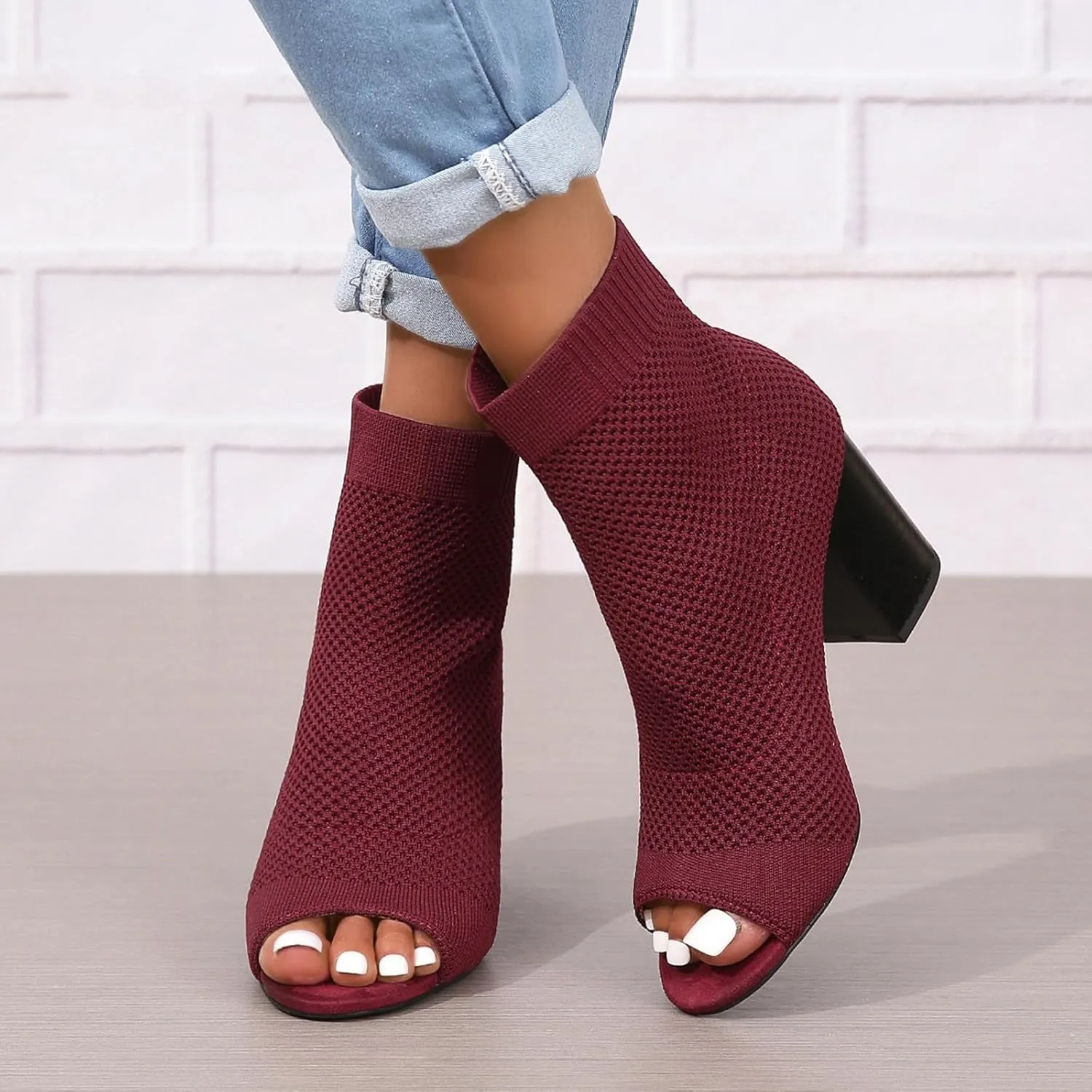 SACFOF Women's Knit Peep Toe Slingback Chunky Heel Ankle Boots Summer Breathable Slip On Dress Sock Heeled Sandals