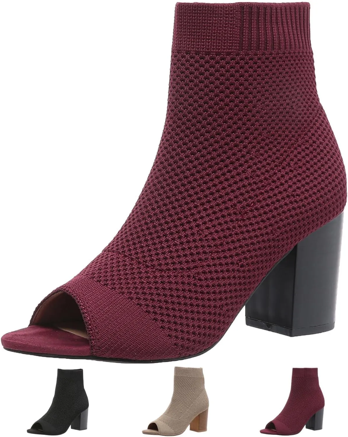 SACFOF Women's Knit Peep Toe Slingback Chunky Heel Ankle Boots Summer Breathable Slip On Dress Sock Heeled Sandals