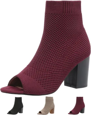 SACFOF Women's Knit Peep Toe Slingback Chunky Heel Ankle Boots Summer Breathable Slip On Dress Sock Heeled Sandals