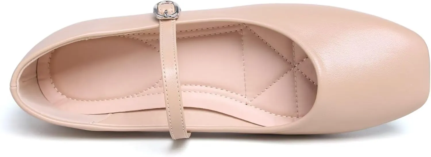 SAILING LU Women's Square Toe Classic Mary Jane Flats Soft PU Leather Walking Shoes Comfortable Slip-ons Solid Color Dress Shoes