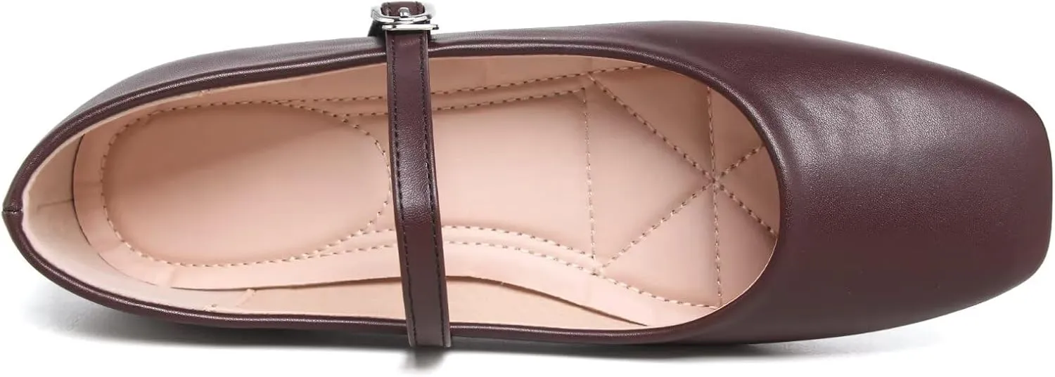 SAILING LU Women's Square Toe Classic Mary Jane Flats Soft PU Leather Walking Shoes Comfortable Slip-ons Solid Color Dress Shoes