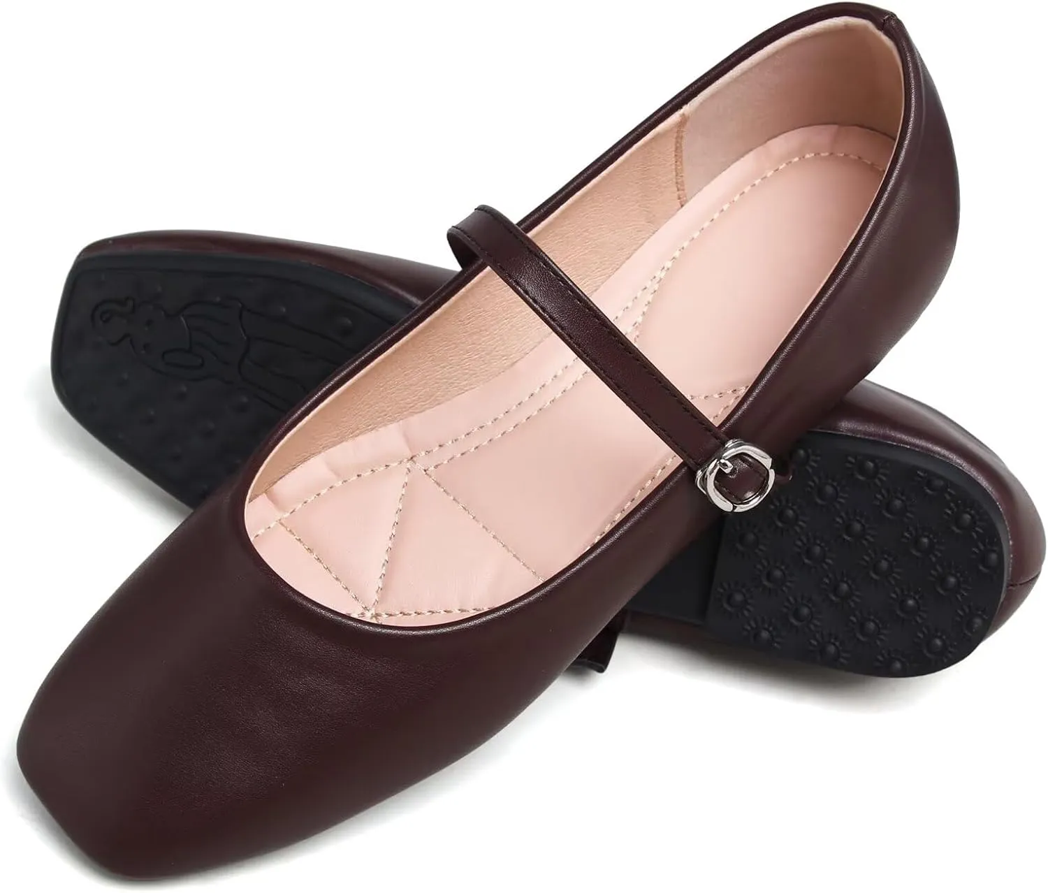 SAILING LU Women's Square Toe Classic Mary Jane Flats Soft PU Leather Walking Shoes Comfortable Slip-ons Solid Color Dress Shoes