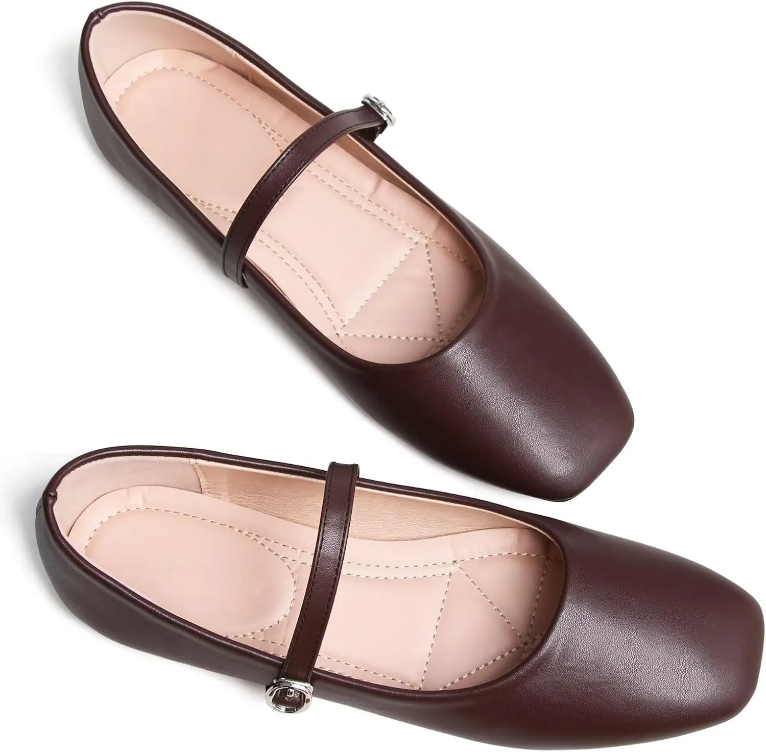 SAILING LU Women's Square Toe Classic Mary Jane Flats Soft PU Leather Walking Shoes Comfortable Slip-ons Solid Color Dress Shoes